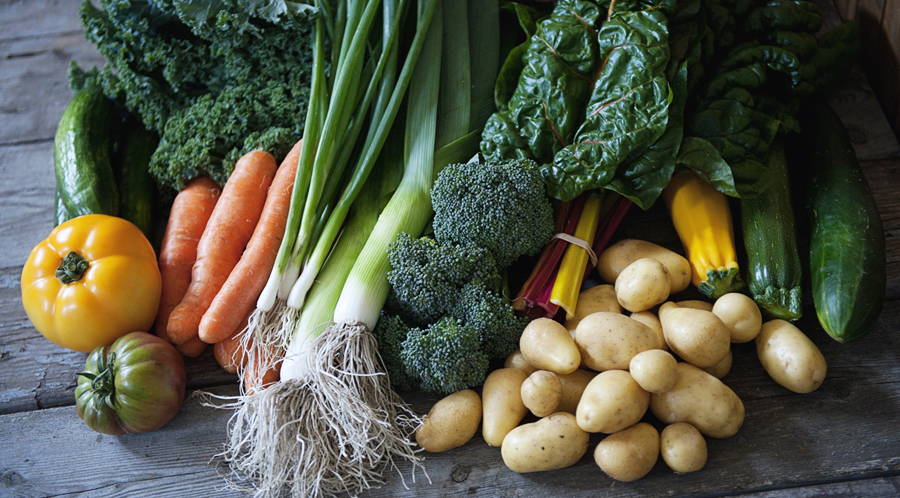 A pile of organic vegetables from a CSA farm box subscription in Edmonton, Alberta.